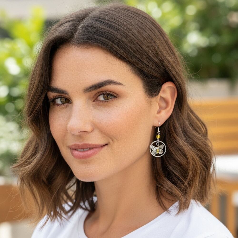 3/$25 - Butterfly Dangle Earrings Silver Tone Yellow Rhinestone Crystal